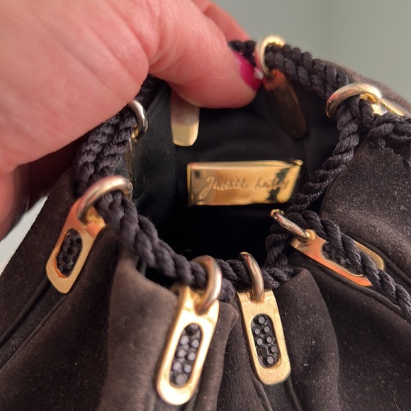 Judith Leiber Drawstring Puff Evening Bag~Black Suede Leather w/ Black Crystals - Picture 7 of 8